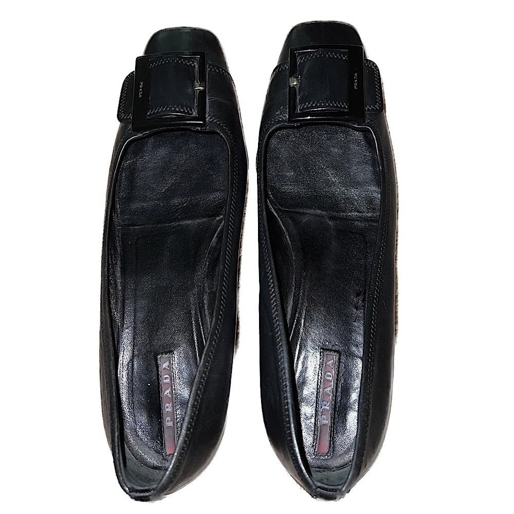 Prada Black Patent Leather Kitten Heel Buckle Shoes